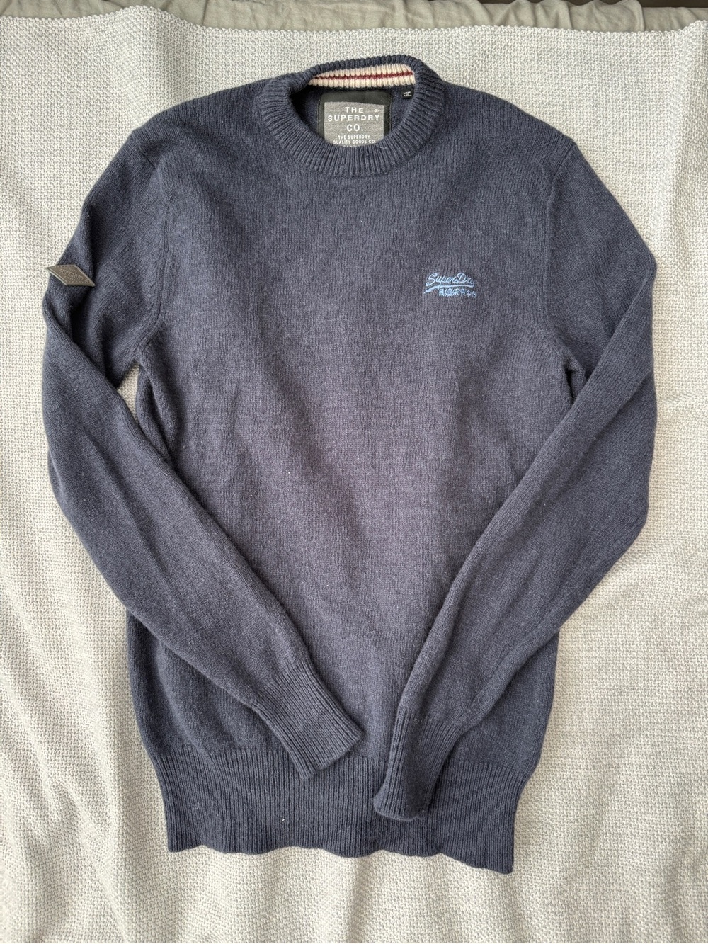 Superdry Sweater Mens navy Lambswool Knit Crewneck Long Sleeve Pullover S